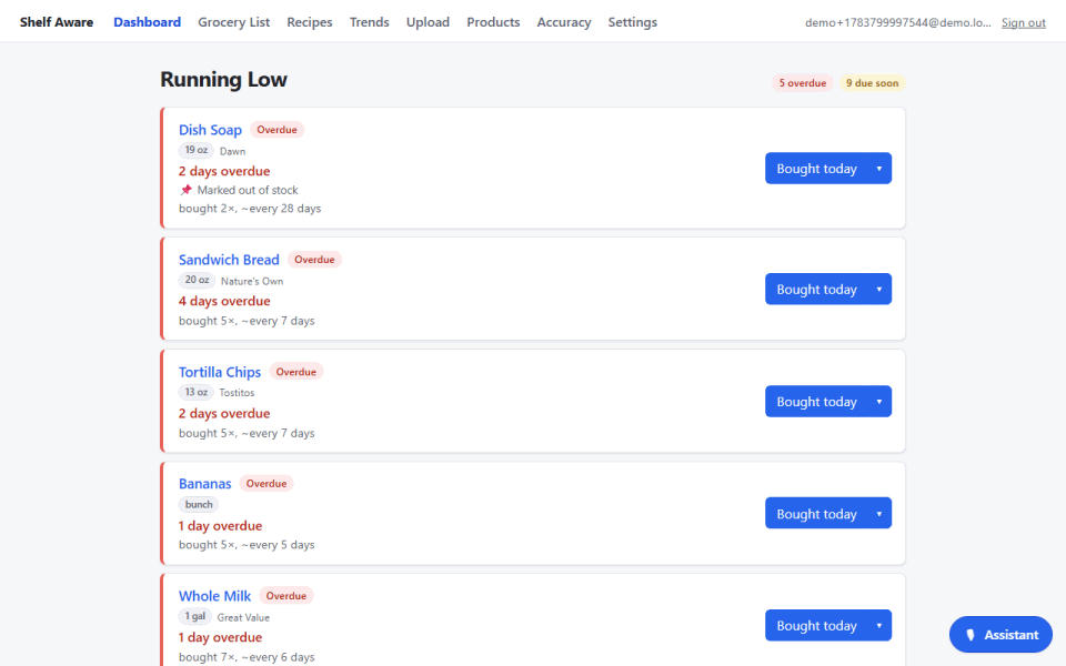 A 30-second tour: a receipt imports and matches to products, the dashboard shows what's running low, a plain-English message updates it, and the grocery list is ready by aisle.